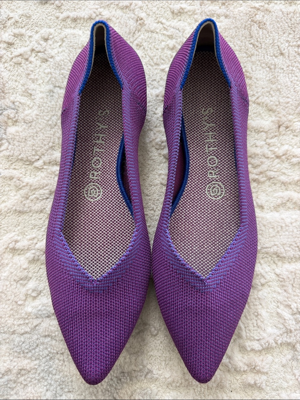 Rothy's Purple Pointed Knit Flats with Blue Trim